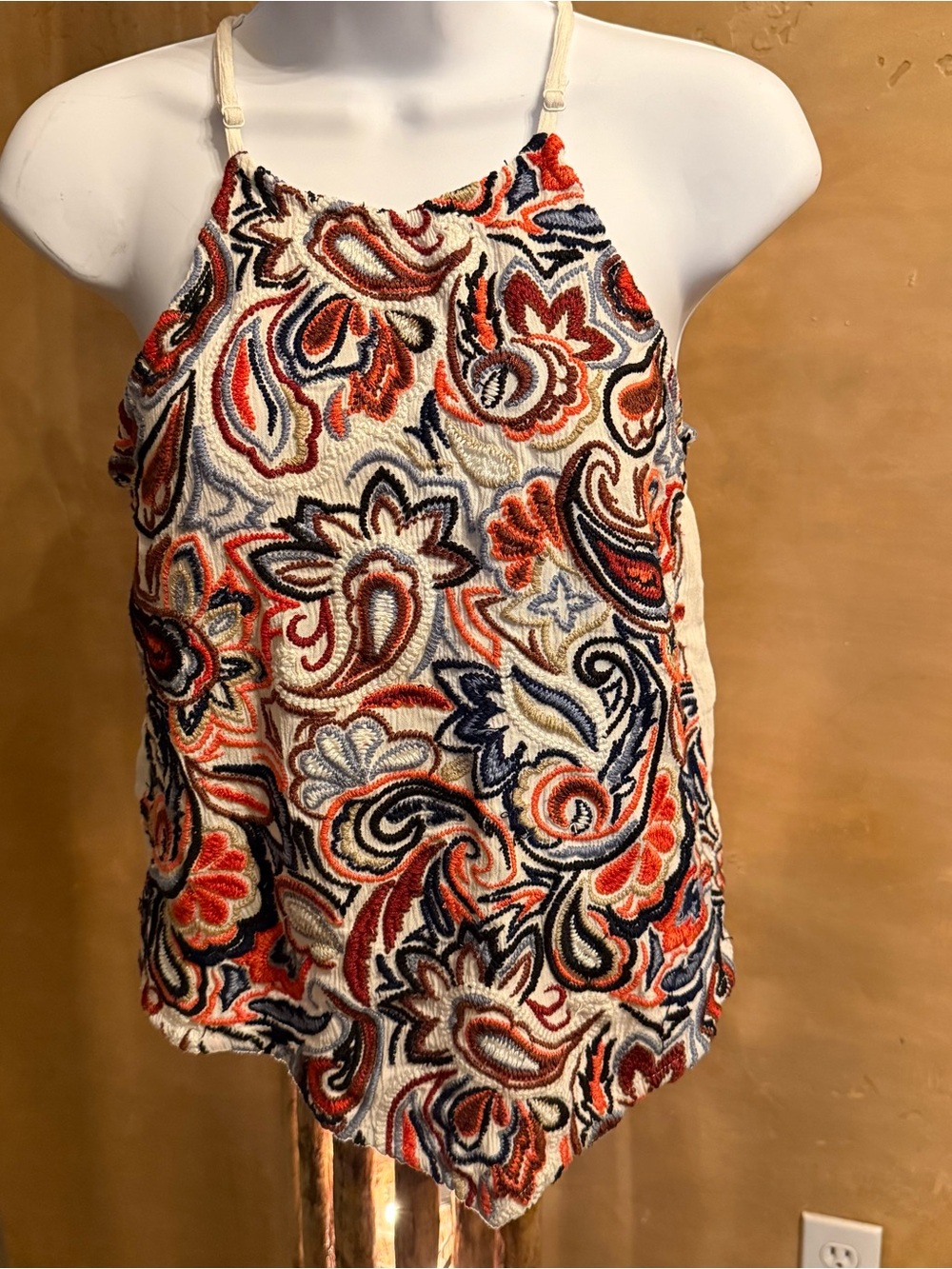 Idyllwind Women’s Embroidered Paisley Halter Camisole - Cream, Orange & Black